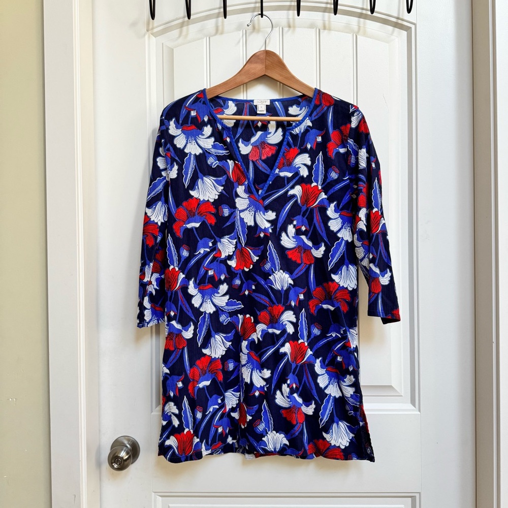 J.Crew Factory Cotton Blue and Red Floral Tissue Tunic Beach Cover-Up. Size M